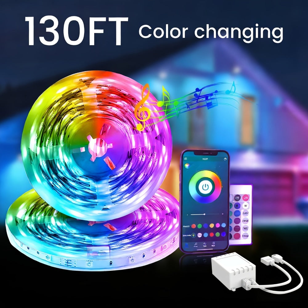 RGB LED Light Strip 50ft 100ft 130ft 16 Million Colors Music Sync – App & 24-Key Remote Control, Color Changing LED Strips for Bedroom, Game Room, Dorm & Party Decoration