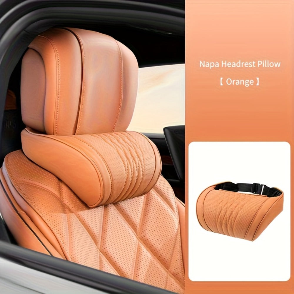 Car Neck Pillow Nappa Leather Headrest – Memory Foam Lumbar Support with Embroidery, All-Season Universal Car Interior Accessory