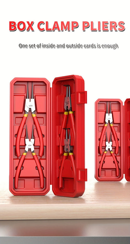 Four-Piece Snap Ring Pliers Set with Straight and Curved Jaws for Internal or External Rings in 7- or 9-Inch Sizes
