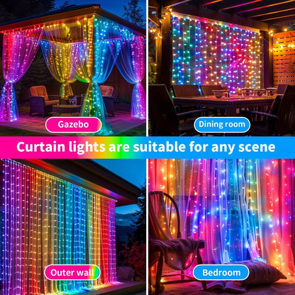 Solar Curtain String Lights, 3 x 3 Meters with 300 LEDs, Remote Control and One- or Two-Pack Options