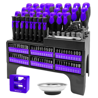 Magnetic Screwdriver Set 118pcs with Plastic Rack & Magnetic Tool Bowl, Chrome Vanadium Steel Multi-Size Precision Screwdriver Kit, Non-Slip Rubber Handle Tool Set for Electronics, DIY & Home Repair (Purple)