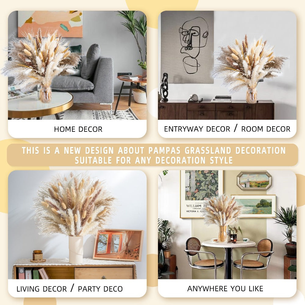 Pampas Grass Decor 120pcs Natural Dried Floral Arrangement Boho Bouquet for Wedding for Entryways, Bedrooms and Living Spaces