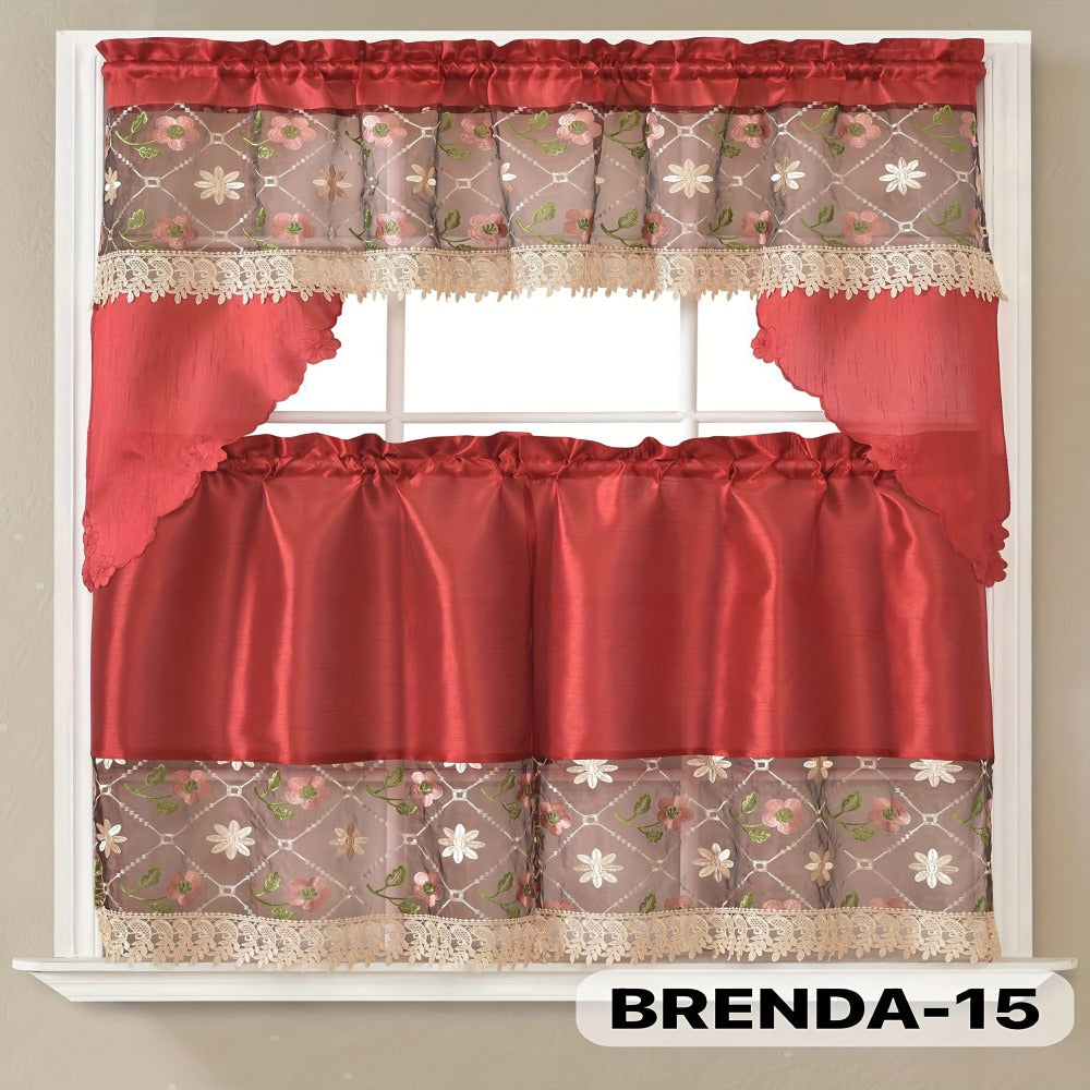 Three-Piece Patterned Kitchen Curtain Set with One Valance, Two Tiers and Forty-Six Exact Design Options