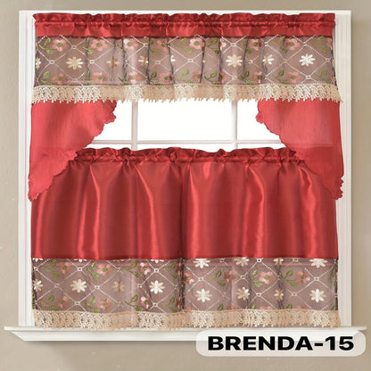 Three-Piece Patterned Kitchen Curtain Set with One Valance, Two Tiers and Forty-Six Exact Design Options