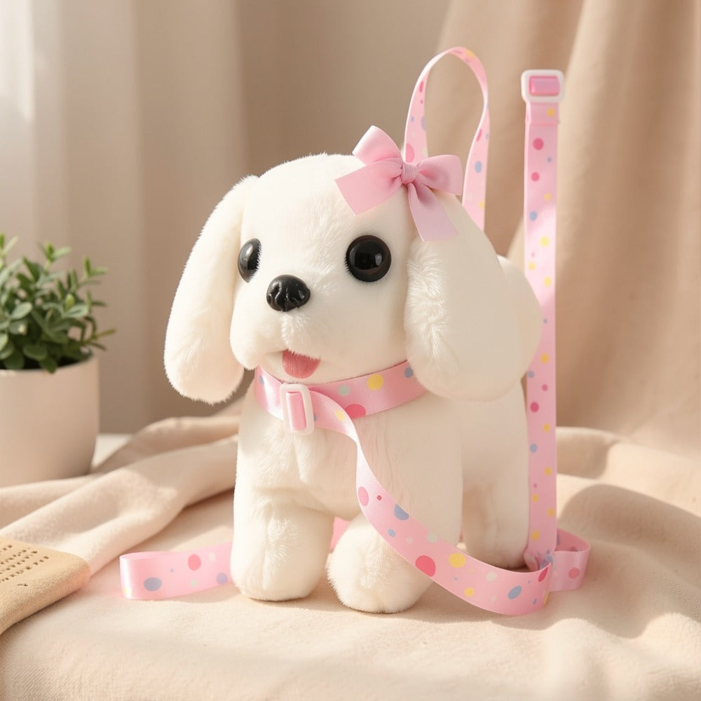 Plush Toy – White Electronic Puppy with Walking, Barking, Tail-Wagging Action, Leash and Bow