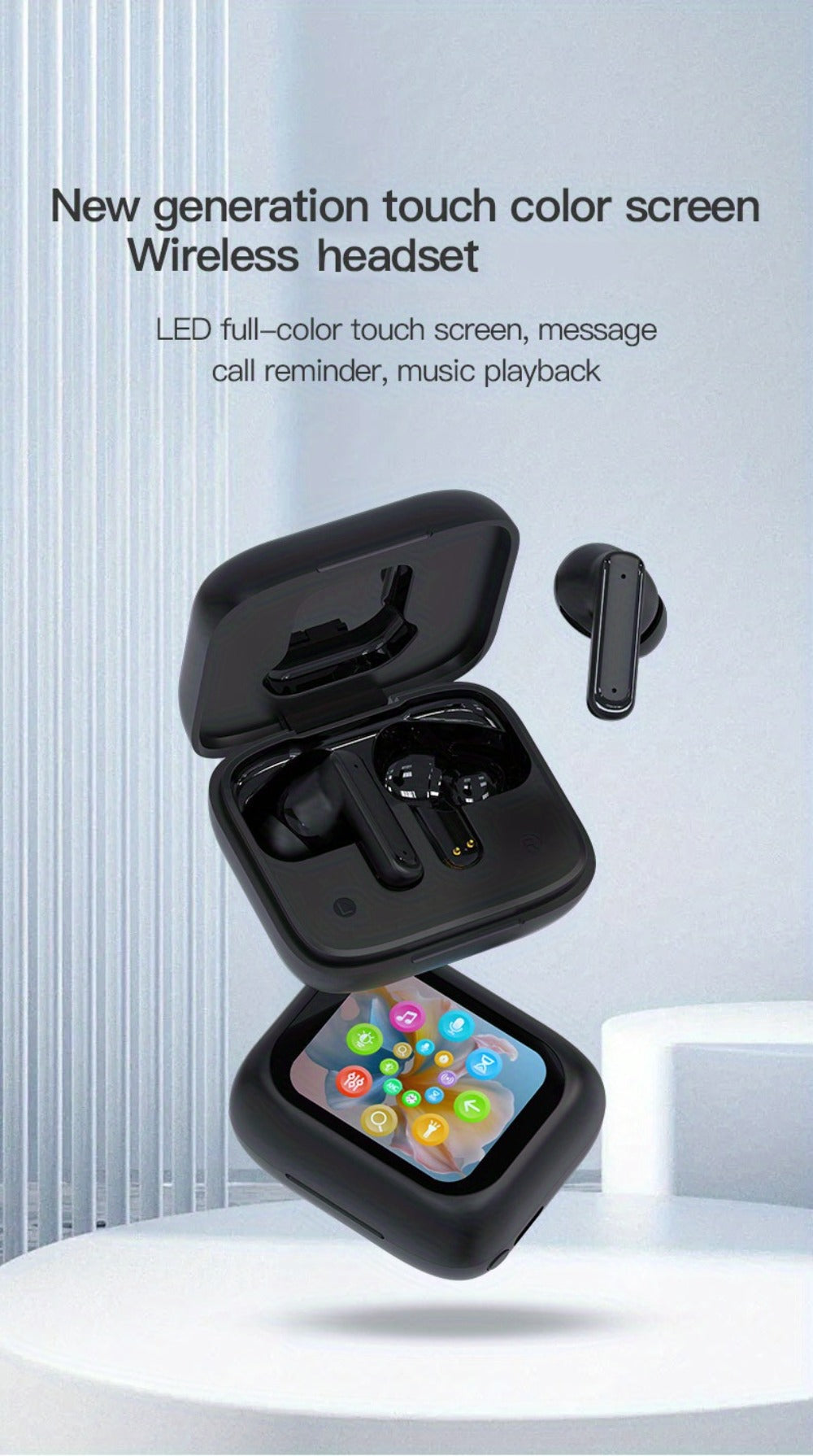 Touchscreen ANC Wireless Earbuds Full-Color Display, Noise Cancelling In-Ear with Charging Case for Sports Gaming Business