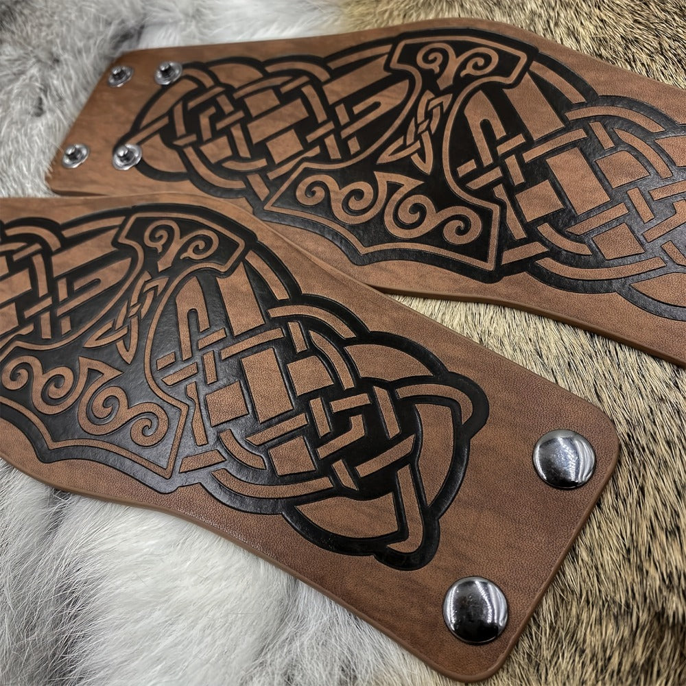 Viking Leather Cuff Bracelet Set 2pcs Norse Mythology Mjolnir Vegvisir Embossed Wristband for Men Women Halloween Gift