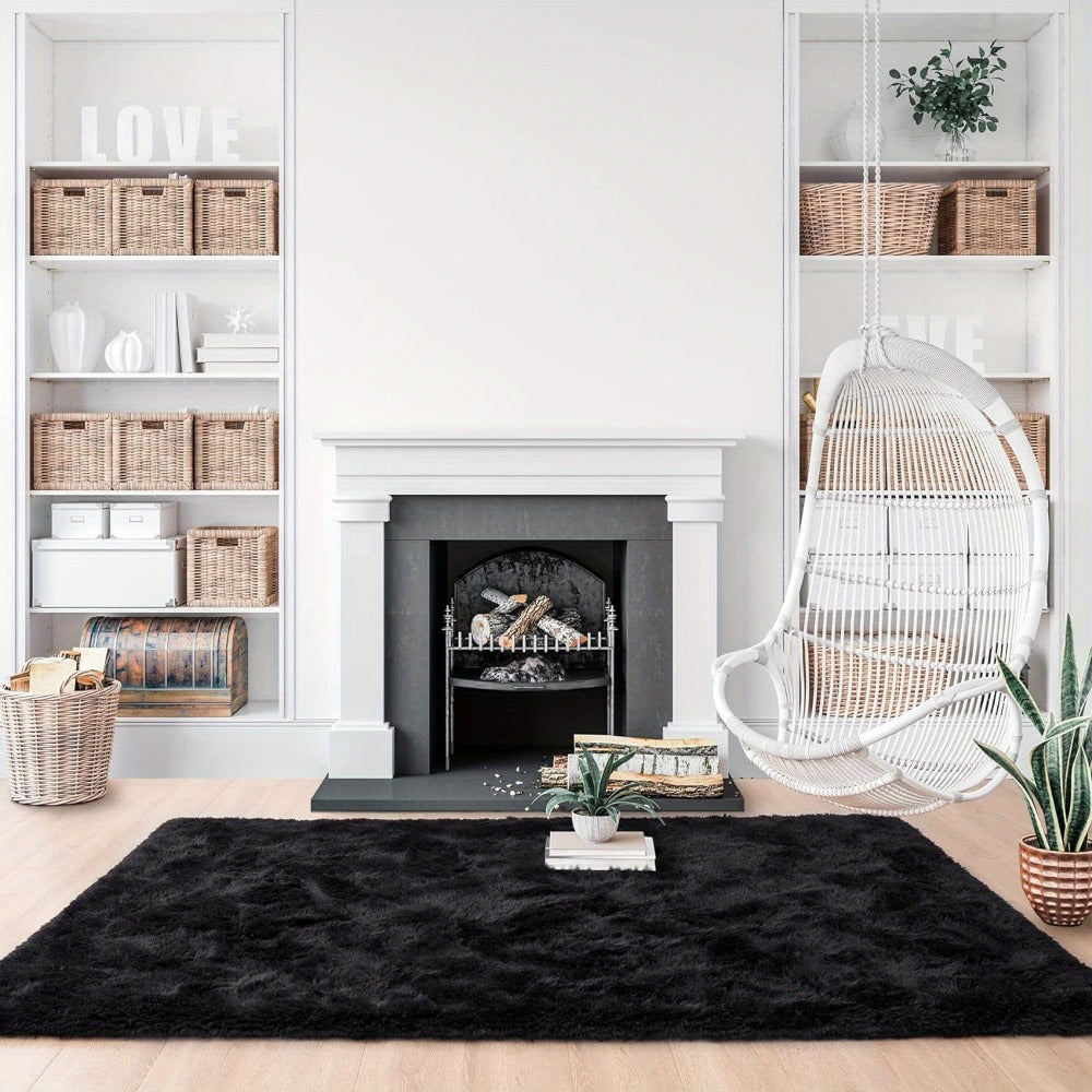 Area Rug, Black Rectangular Shaggy Microfiber Style in 4x6, 5x8, 6x9 or 8x10 Feet with Machine-Wash Care