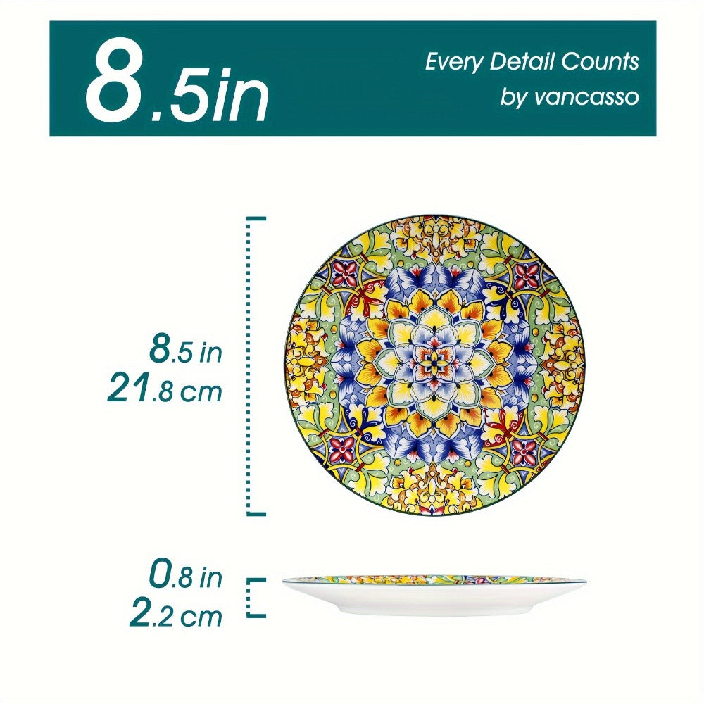 Bohemian Ceramic Dessert Plate Set of 6 - 8.5 Inch Colorful Abstract Pattern Dinnerware, Glazed Porcelain Plates