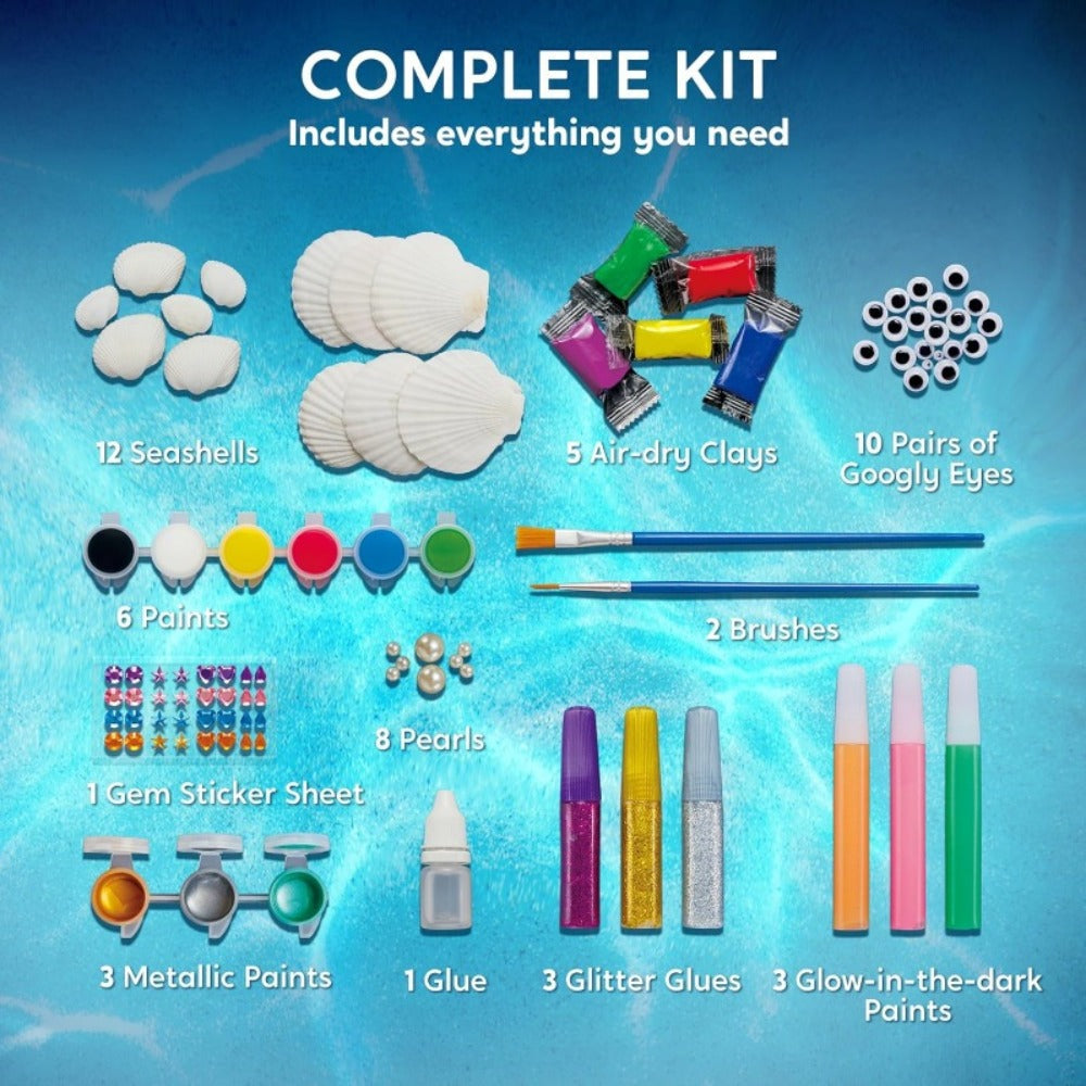Seashell Painting Craft Kit with 12 Shell Forms, Glow-Labeled Paints, Brushes, Gems and Stickers
