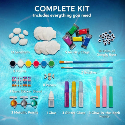Seashell Painting Craft Kit with 12 Shell Forms, Glow-Labeled Paints, Brushes, Gems and Stickers
