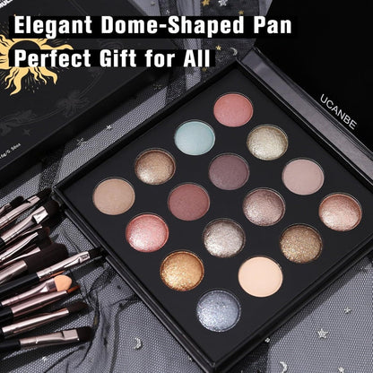 Eyeshadow Palette UCANBE 16-Shade Black Case with Matte-Shimmer-Metallic Mix and 15-Brush Set