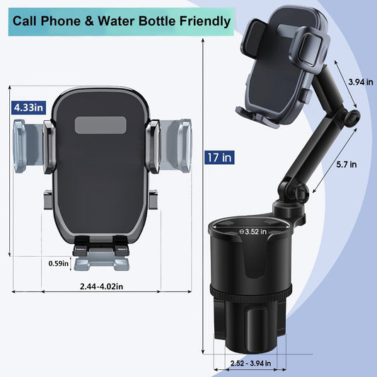 Cup Holder Phone Mount 2-in-1 Car Cup Holder Expander with Long Arm & 360° Rotation – Universal Cell Phone Holder for Car Compatible with All Smartphones