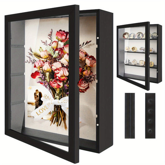 Shadow Box Frame with Linen Back – Large Rustic Memory Display Case 11x14 & 12x16 Inch for Photos, Medals, Coins, Pins, Flowers & Collectibles, 4 Removable Shelves, Black White Brown