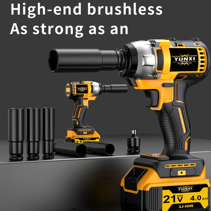 Power Tools YUNXI 21V Brushless Cordless Impact Wrench Kit with 4000mAh Battery and Configurable Accessories