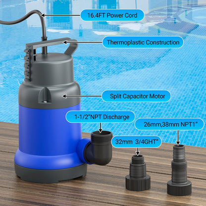 Submersible Sump Pump 1HP 4600GPH Portable Utility Water Pump for Pool Basement Flood Hot Tub