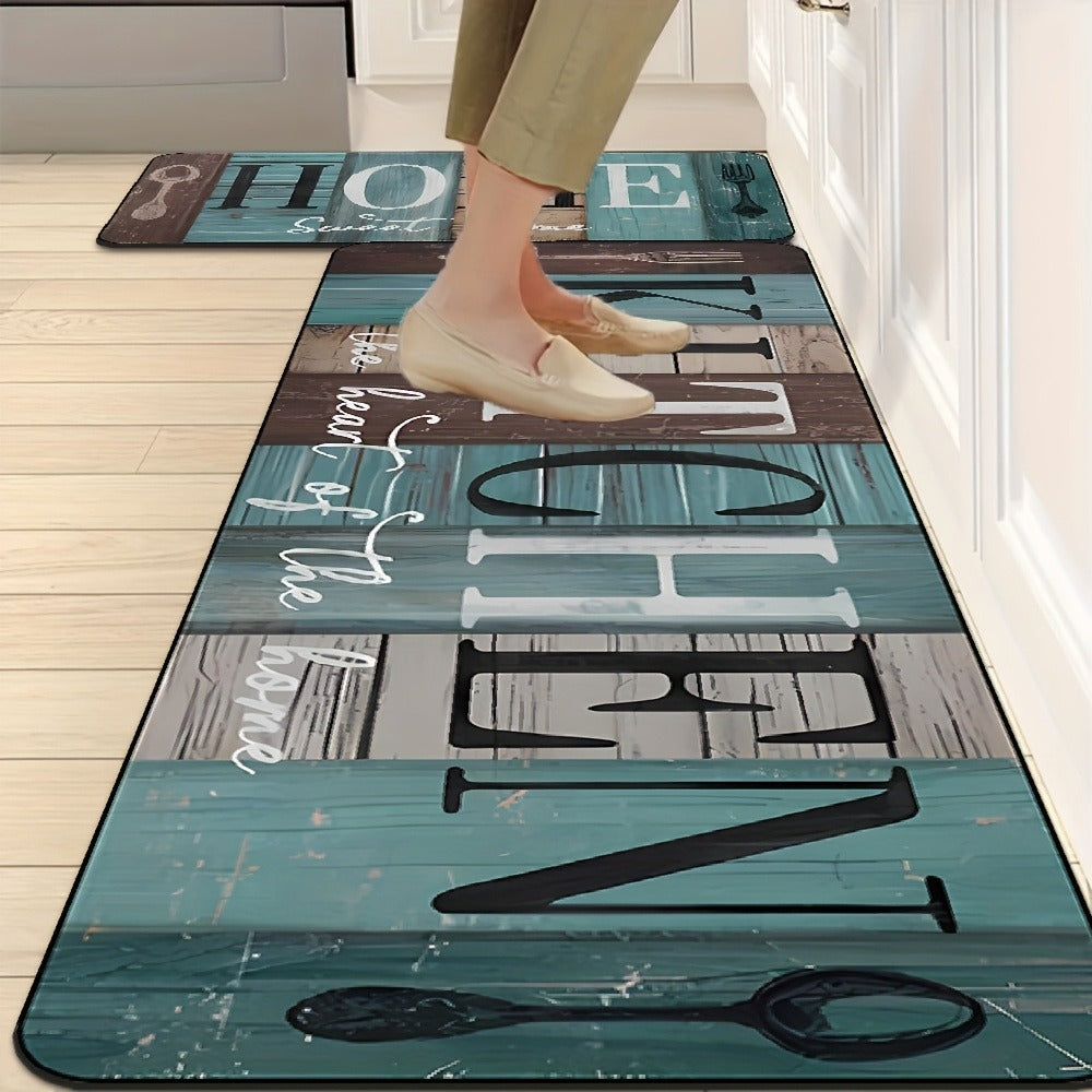 Two-Piece Green and Brown Wood-Plank Print Kitchen Mat Set with Two Exact Rectangular Sizes