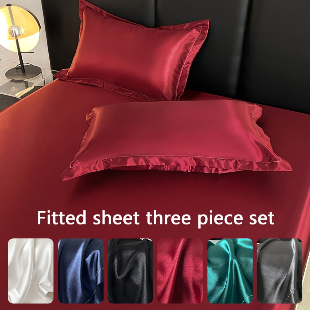 Satin-Style Fitted Sheet Set with Pillowcases in Eight Colors and Twin, Full, Queen or King Sizes