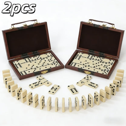 Double-Six Domino Set with 28 Ivory-Style Tiles, Metal Spinners and Brown Storage Case in One or Two Packs