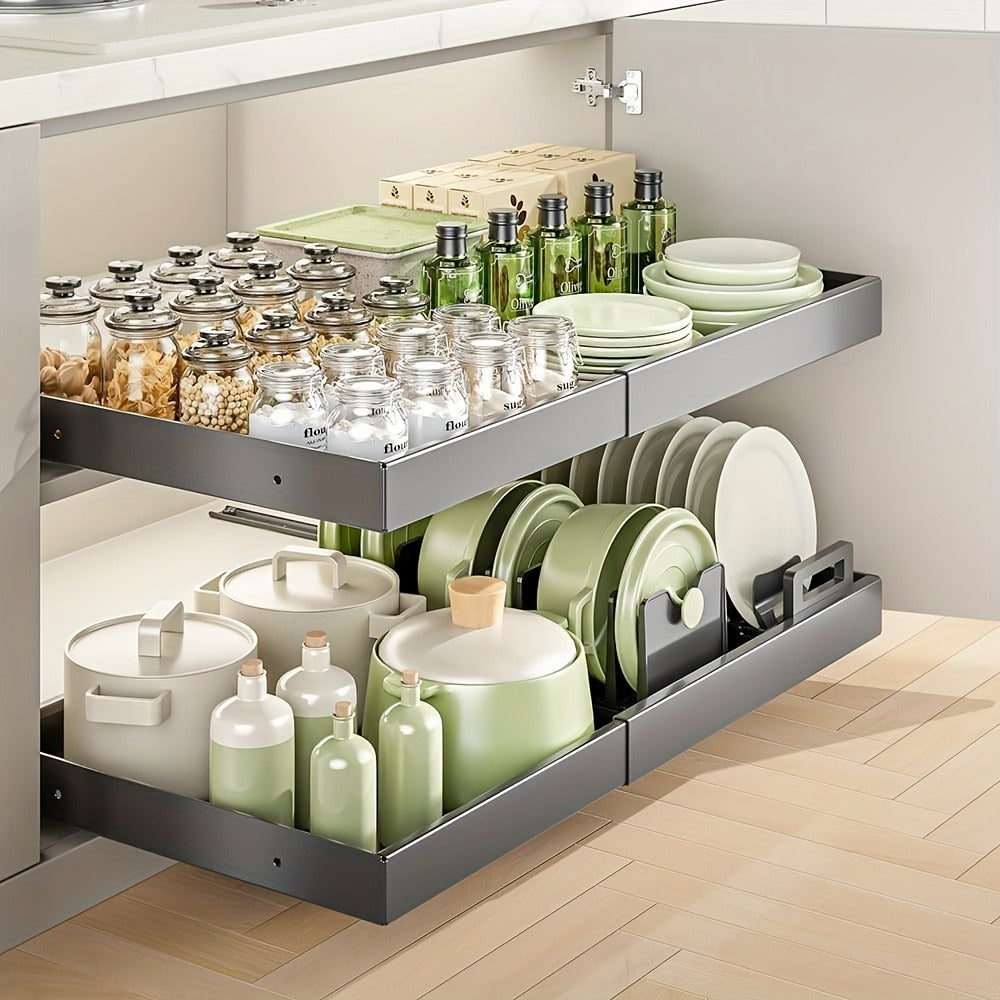 Pull Out Cabinet Organizer Expandable Slide-Out Drawer Shelf Heavy Duty Carbon Steel Silent Sliding Rust-Resistant Storage Rack for Kitchen Bathroom Pantry 12.6"-20.5" Wide