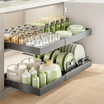 Pull Out Cabinet Organizer Expandable Slide-Out Drawer Shelf Heavy Duty Carbon Steel Silent Sliding Rust-Resistant Storage Rack for Kitchen Bathroom Pantry 12.6"-20.5" Wide