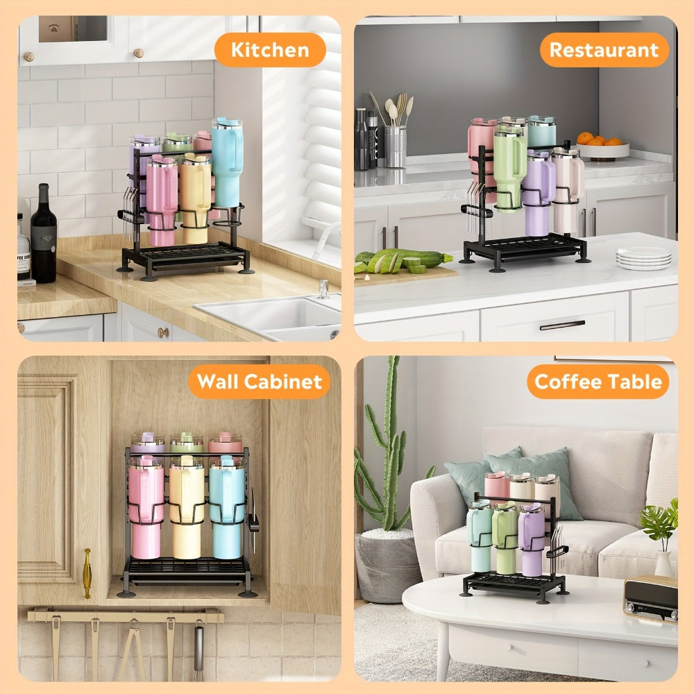 Six-Grid Adjustable Cup and Tumbler Storage Rack with Vertical Dividers, Drip Tray and Countertop Feet