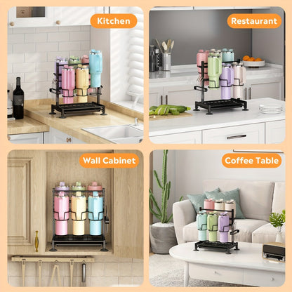 Six-Grid Adjustable Cup and Tumbler Storage Rack with Vertical Dividers, Drip Tray and Countertop Feet