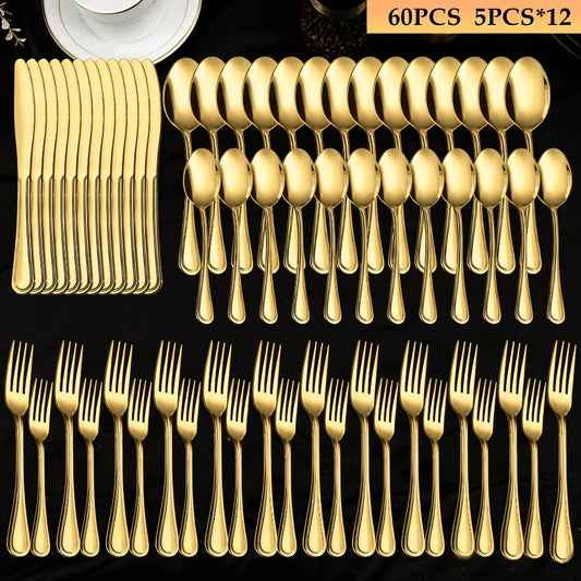 84-Piece Golden Cutlery Set Service for 12 | Knife Fork Spoon Set for Family Gatherings Camping BBQ Kitchen Utensils