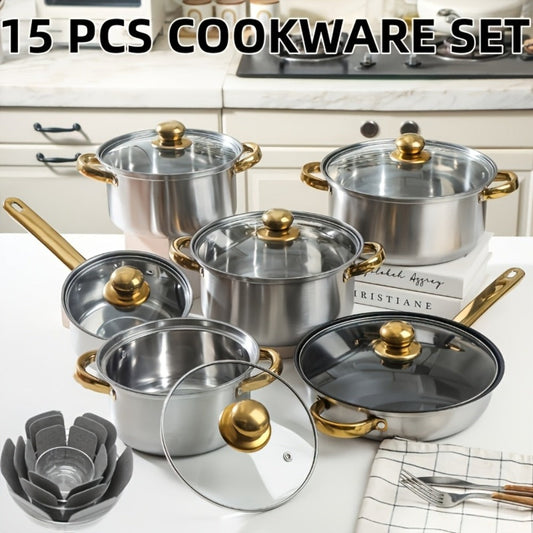 Cookware Set, 10-, 12- or 15-Piece Stainless Steel Deep Pots with Glass Lids, Double Handles and Three Finishes