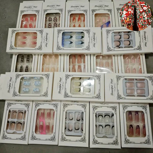 Rhinestone Press On Nails 216 Pieces 9 Sets Random Mixed Color – Glossy Full Cover Middle Length False Nails for Women Girls | Glamorous Holiday Christmas Party Nail Art Kit