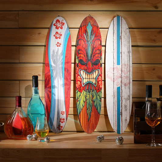 Wooden Surfboard Wall Art 15.74" – Rustic Tropical Beach Decor with Hibiscus & Tiki Mask Design, Frameless Recycled Wood Wall Hanging for Hawaiian Bar, Home, Summer & Vacation Theme Decor