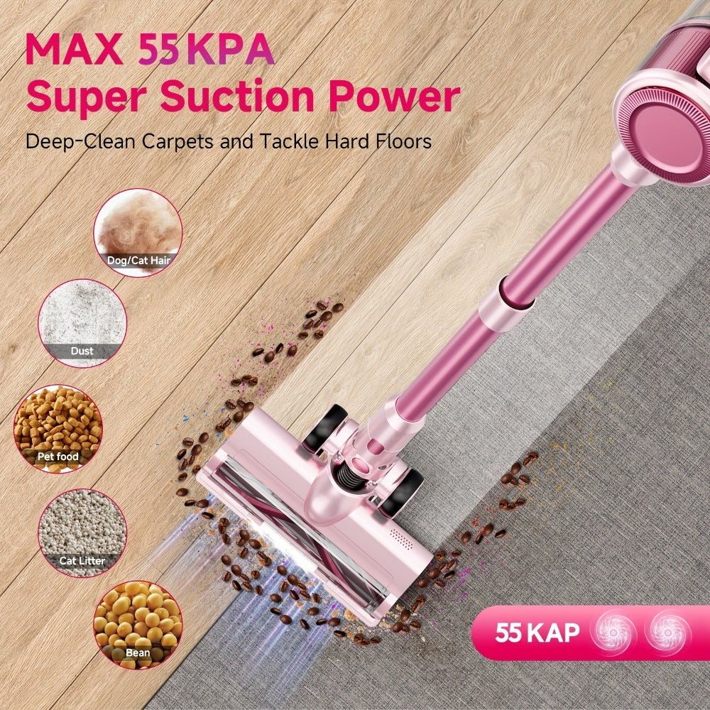 Cordless Vacuum Cleaner 55KPa 8-in-1 Stick Vacuum with LED Light 180° Swivel Lightweight Wireless for Hardwood Carpet Pet Hair Stairs Car Sofa Home Office