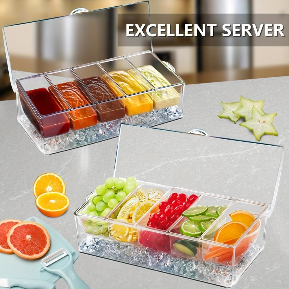 Bar Serving Tray on Ice with 5 Compartments & Lid – Garnish Condiment Platter with 5 Forks & 3 Pliers, Clear Fruit Tray for Bar, Party & Entertaining
