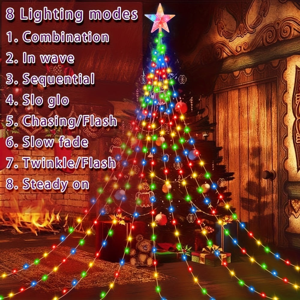Christmas Tree Waterfall Fairy Lights 200 LED with Star Top Decoration, 8 Lighting Modes — Battery, Solar & USB Powered Indoor Outdoor Colorful Cascading Holiday Light Strip