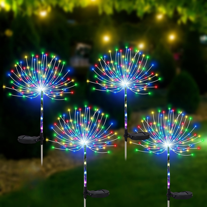 Solar Garden Lights 4-Pack Firework Stakes with 8 Modes in Warm White or Multicolor and Hanging Option