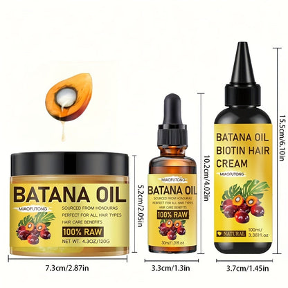 Batana Oil Hair Care Kit 3pcs — Pure Cold-Pressed Honduran Battana Hair Cream, Hair Oil & Essential Oil, Repairs Damage & Adds Shine, Nourishes Scalp, All Hair Types