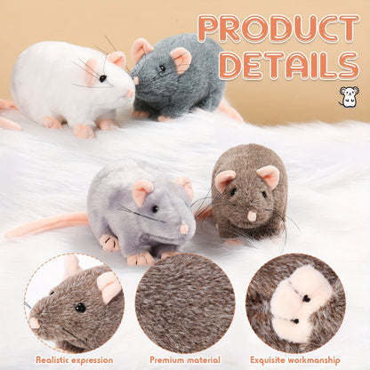 Cat Toy 8-Pack of 7-Inch Plush Mice in White, Gray and Brown with Long Tails and Rounded Bodies