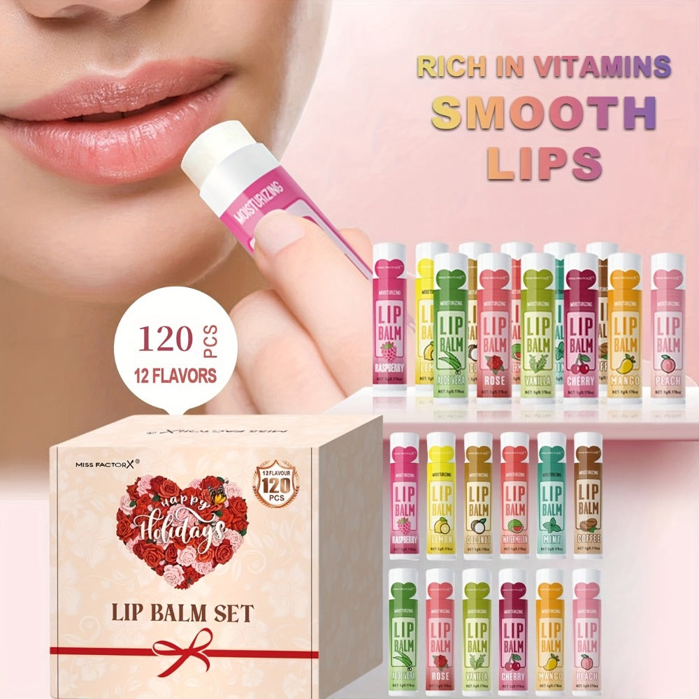 Lip Balm 120-Piece Bulk Set with 12 Flavors, Glossy Twist-Up Tubes and Divided Gift Box Packaging