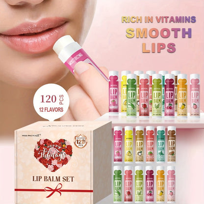 Lip Balm 120-Piece Bulk Set with 12 Flavors, Glossy Twist-Up Tubes and Divided Gift Box Packaging