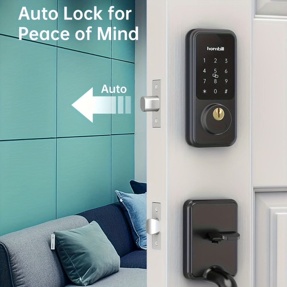 Hornbill Smart Door Lock Set with Handle - Alexa Compatible Keypad Deadbolt, Bluetooth App, Keyfob & Auto-Lock, Complete Keyless Entry Front Door Upgrade, Matte Black & Silver