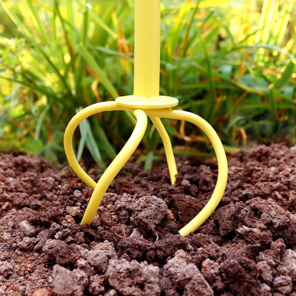 Yellow Manual Twist Tiller with Four Curved Soil Claws, T-Handle and Detachable Three-Section Shaft