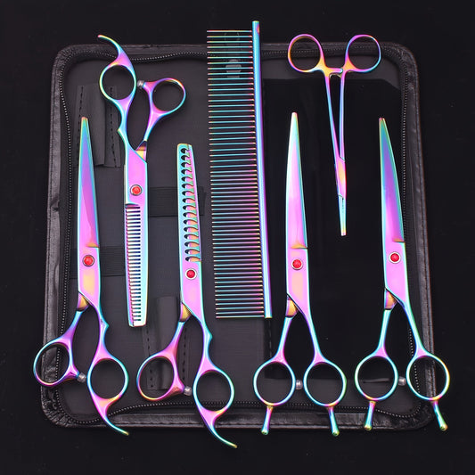 Dog Grooming Scissors Set 7 Piece - Japanese Stainless Steel Cutting Thinning Chunker Shears with Pet Comb for All Breeds