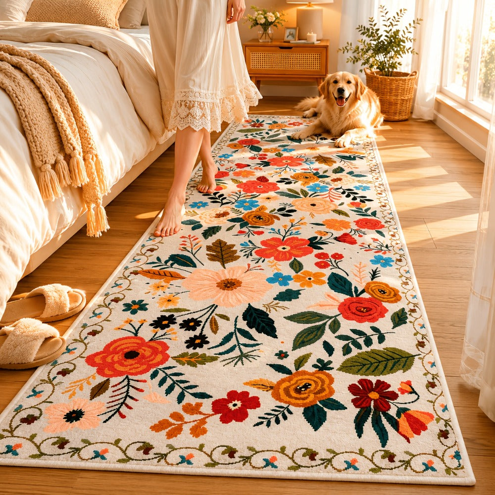 Area Rug Bohemian Floral Plush Runner with Four Machine-Washable Sizes for Bedroom or Kitchen