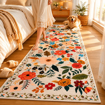 Area Rug Bohemian Floral Plush Runner with Four Machine-Washable Sizes for Bedroom or Kitchen