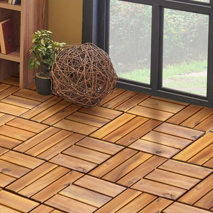 Interlocking Acacia Wood Deck Tiles, 27-Pack of 12-Inch Slatted Squares for Patio, Balcony or Indoor Floors