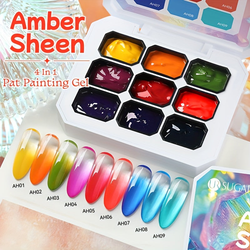 4-in-1 Pat Ombre Gel Nail Polish 9 Colors Gradient Stamping Painting Rub Powder – Solid Varnish for DIY French Manicure & Salon Nail Art, Chrome Glitter Effect for Women by UR SUGAR