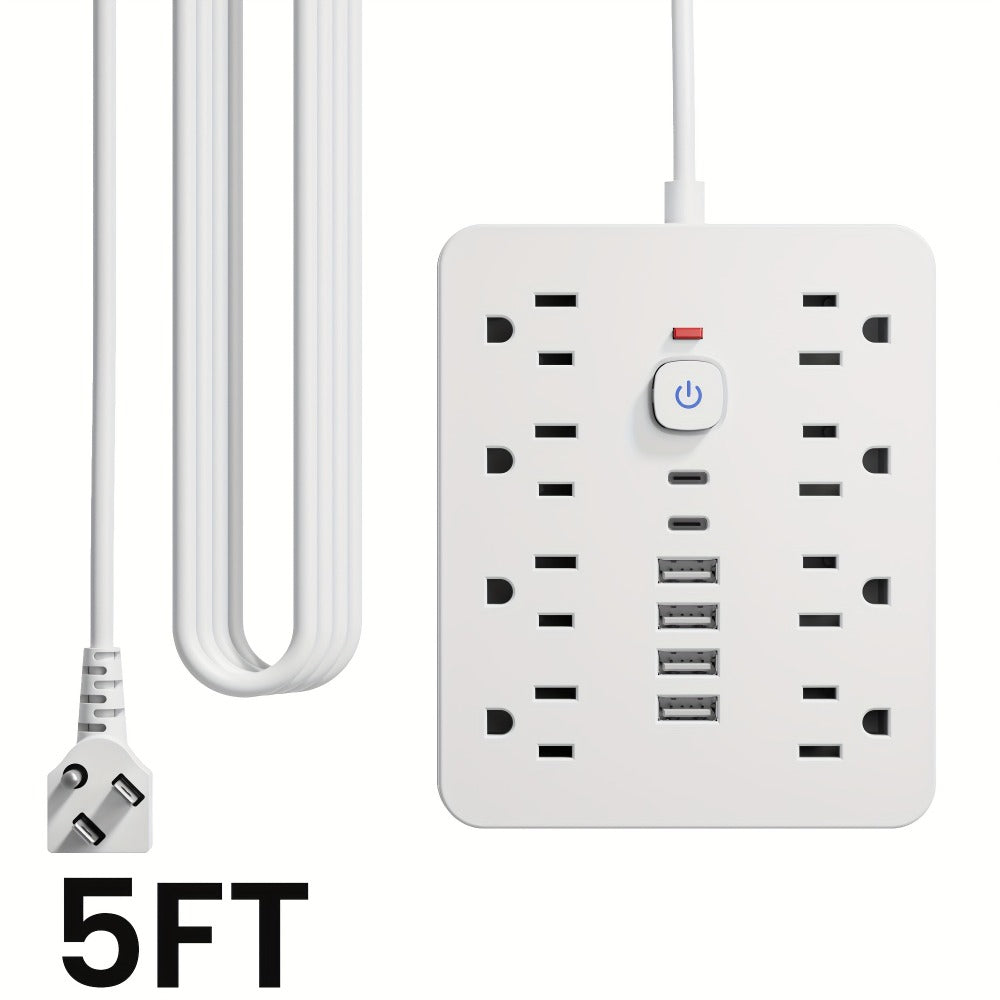 Power Strip Flat-Plug Wall-Mount 14-in-1 with 8 AC Outlets, 4 USB-A, 2 USB-C and 5- or 10-Foot Cord