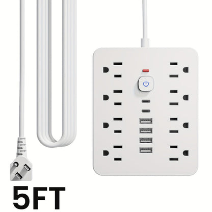 Power Strip Flat-Plug Wall-Mount 14-in-1 with 8 AC Outlets, 4 USB-A, 2 USB-C and 5- or 10-Foot Cord