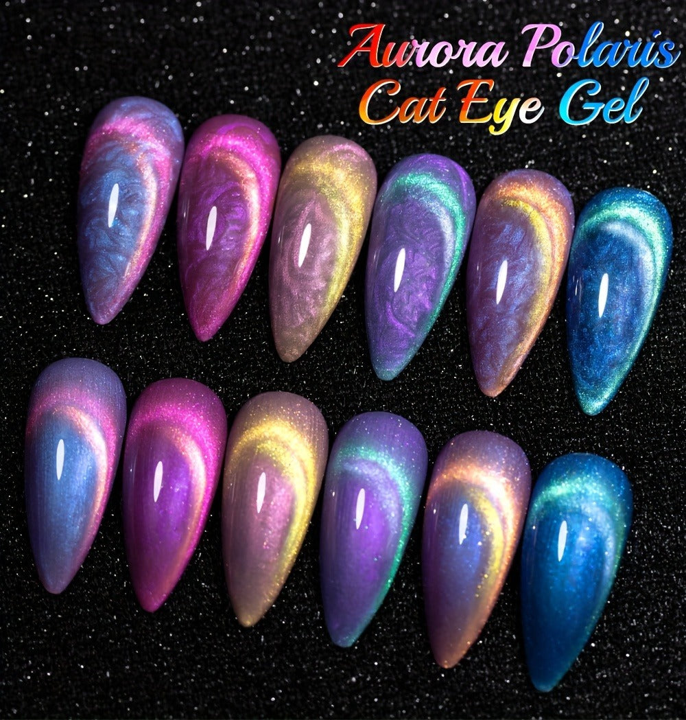 Cat Eye Gel Nail Polish Set 6Pcs 9D Aurora Magnetic Glitter Pearl Shell Effect – Soak-Off Semi-Permanent UV LED Gel Varnish Nail Art Kit for Home Salon Manicure Gift for Women