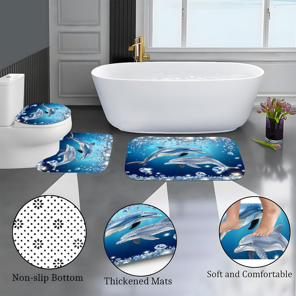 Four-Piece Dolphin Shower Curtain Set with Coordinated Bath Mat, Toilet Rug, Lid Cover and Twelve Hooks